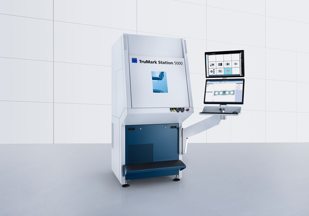 TRUMPF's TruMark Station 5000 fiber laser marking machine can include linear axes in the x and y directions in marking, etching and engraving and rotary axes with different clamping ranges.